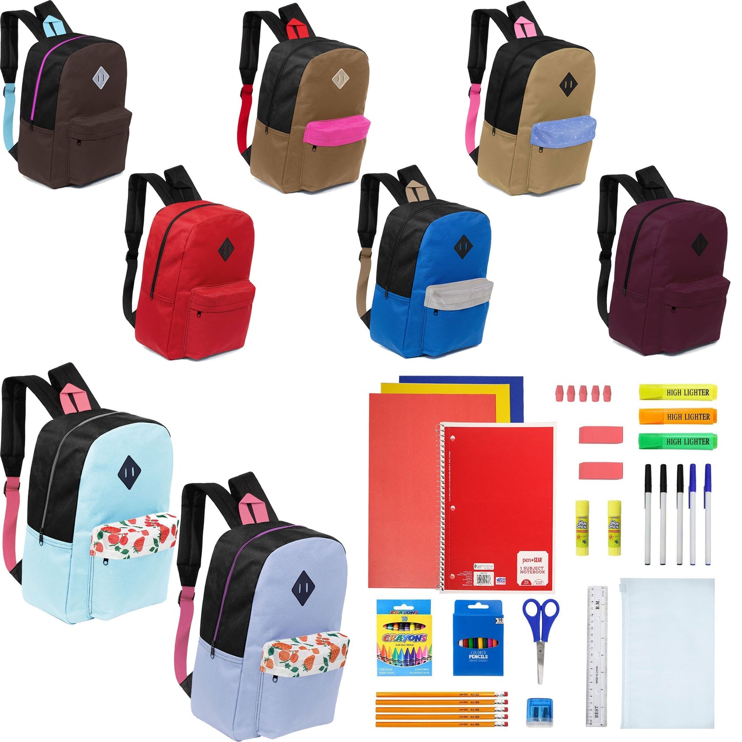12 Wholesale 17 'Paded Rucksäcke in 8 zufälligen Drucken & 12 Bulk School Supply Kits Ihrer Wahl
