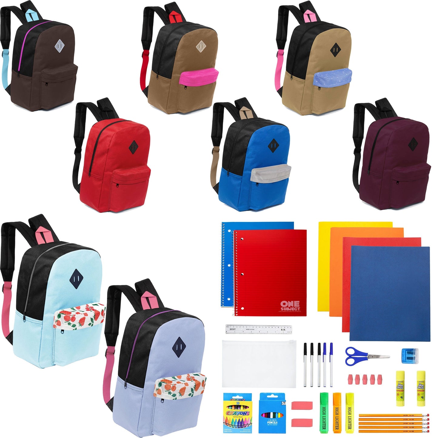12 Wholesale 17 'Paded Rucksäcke in 8 zufälligen Drucken & 12 Bulk School Supply Kits Ihrer Wahl