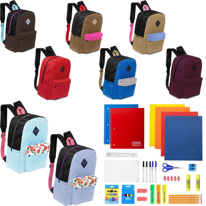 12 Wholesale 17 'Paded Rucksäcke in 8 zufälligen Drucken & 12 Bulk School Supply Kits Ihrer Wahl