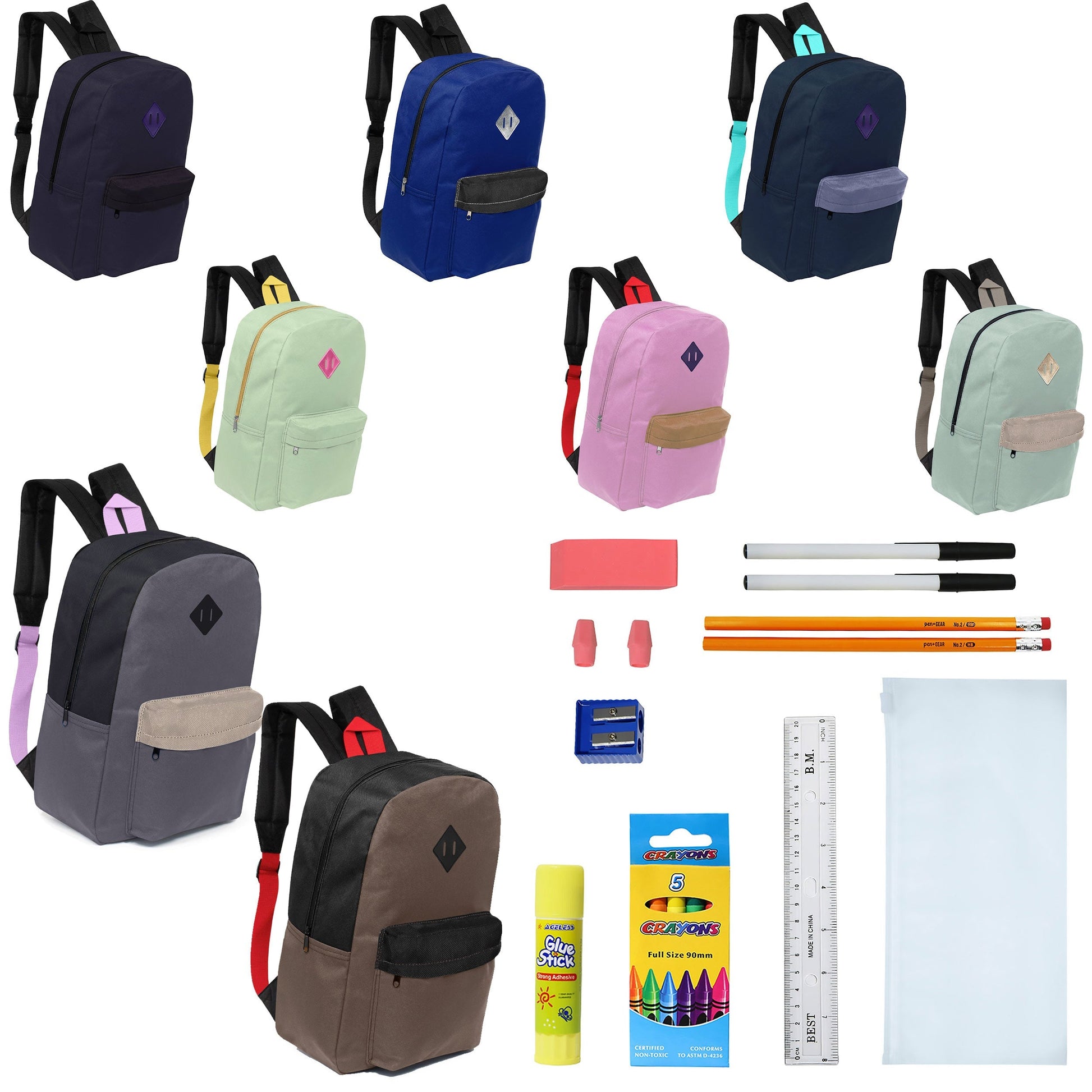 12 Großhandels-17' gepolsterte Rucksäcke in verschiedenen Drucken & 12 Bulk School Supply Kits Ihrer Wahl