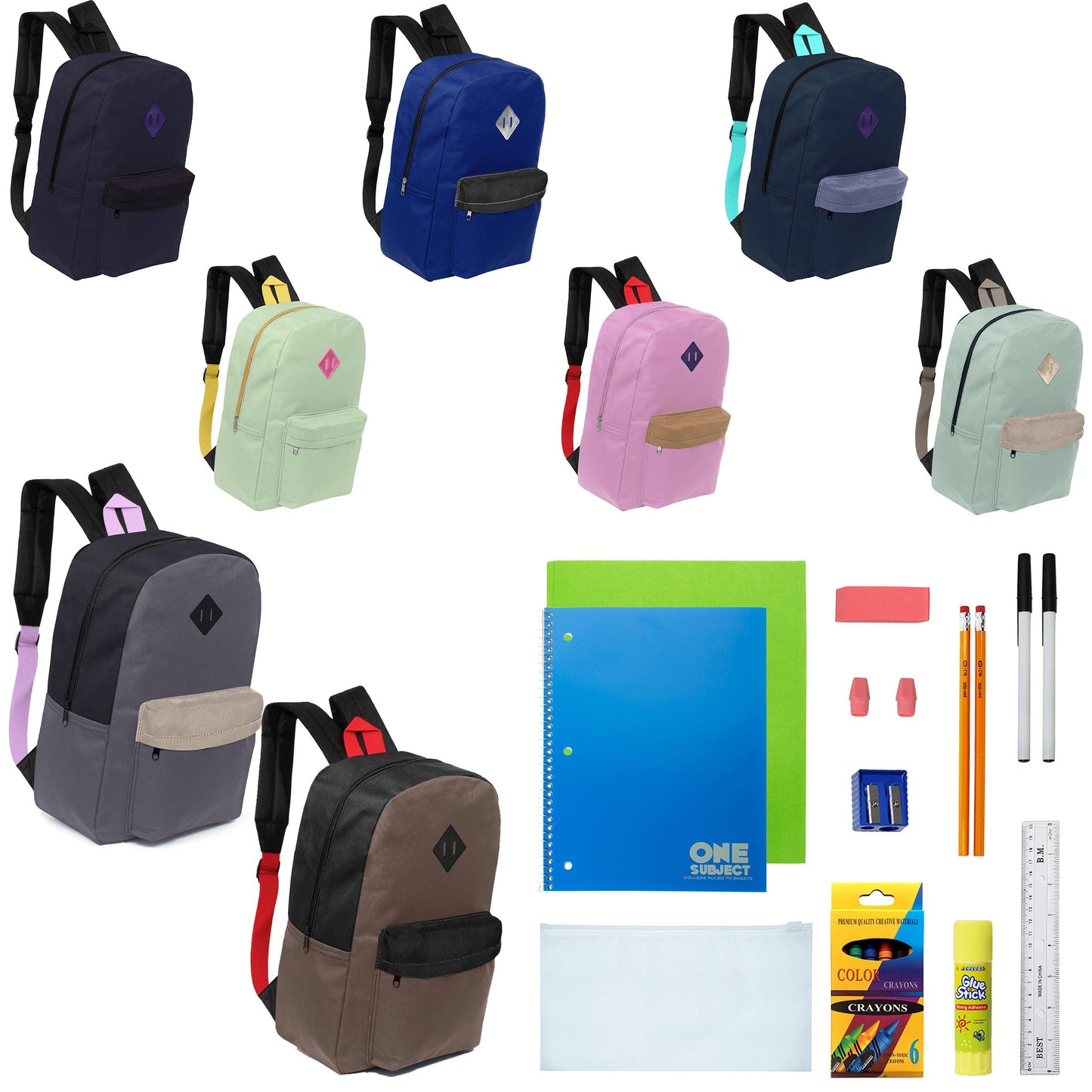 12 Großhandels-17' gepolsterte Rucksäcke in verschiedenen Drucken & 12 Bulk School Supply Kits Ihrer Wahl