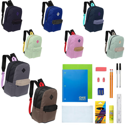 12 Großhandels-17' gepolsterte Rucksäcke in verschiedenen Drucken & 12 Bulk School Supply Kits Ihrer Wahl