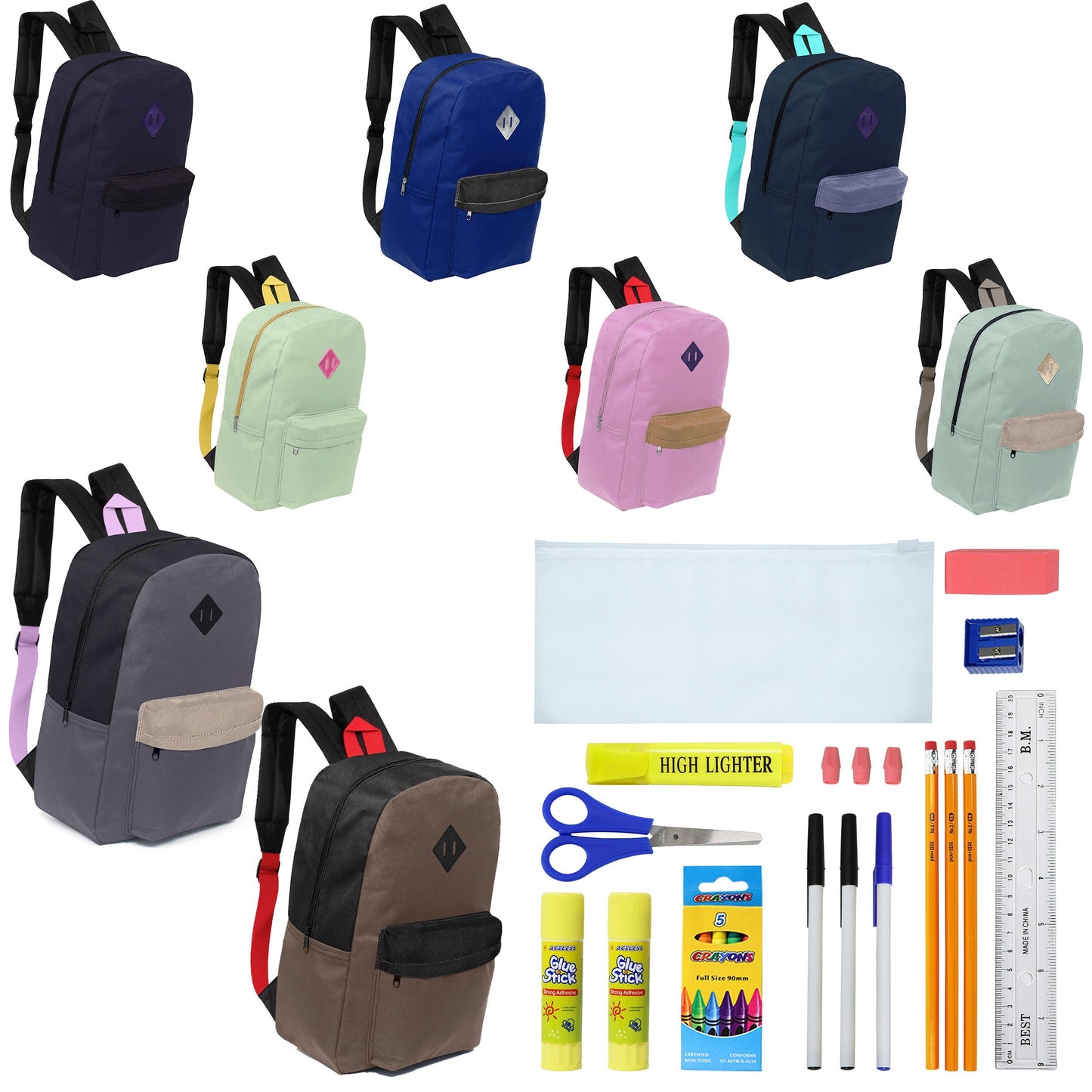 12 Großhandels-17' gepolsterte Rucksäcke in verschiedenen Drucken & 12 Bulk School Supply Kits Ihrer Wahl