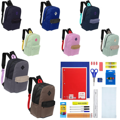 12 Großhandels-17' gepolsterte Rucksäcke in verschiedenen Drucken & 12 Bulk School Supply Kits Ihrer Wahl