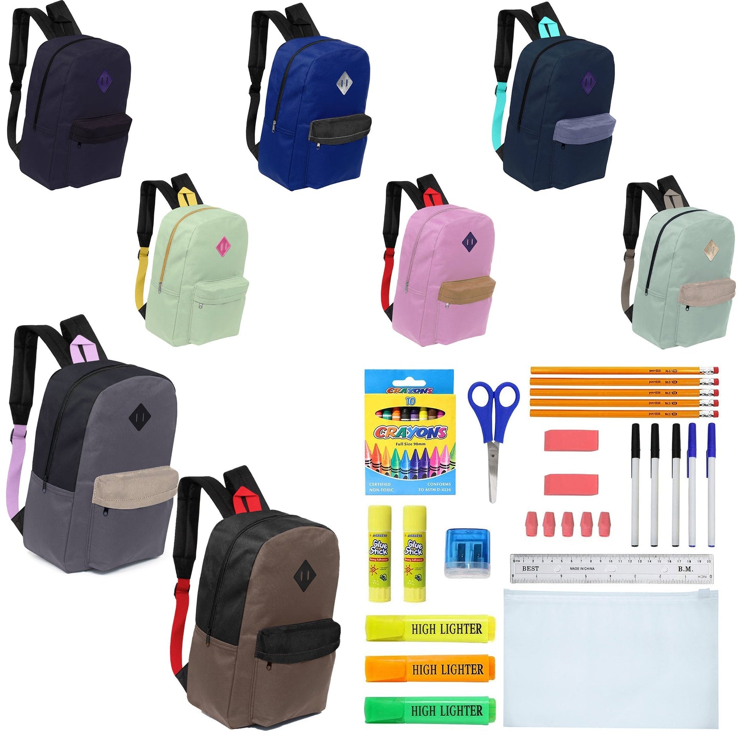 12 Großhandels-17' gepolsterte Rucksäcke in verschiedenen Drucken & 12 Bulk School Supply Kits Ihrer Wahl