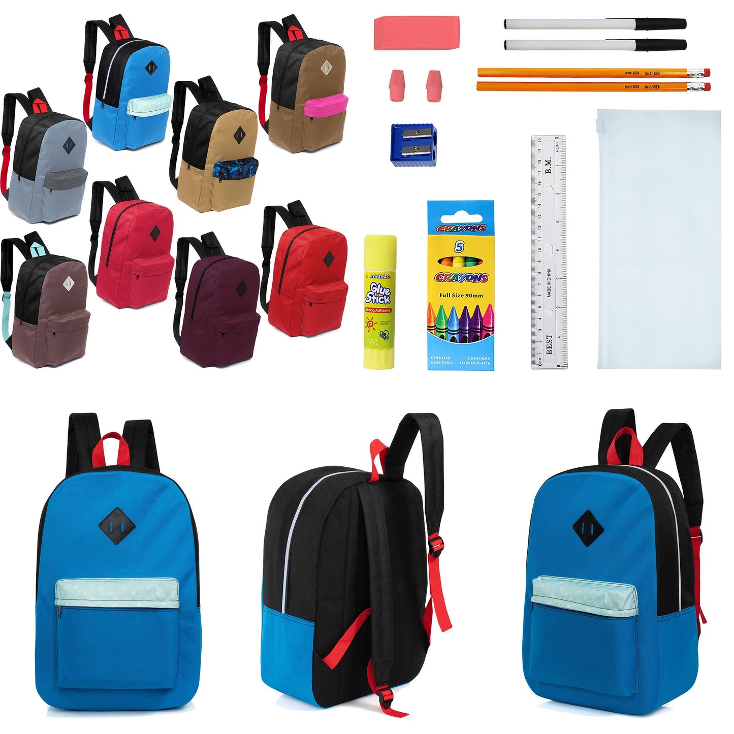 12 Wholesale 17 'Paded Rucksäcke in 8 zufälligen Drucken & 12 Bulk School Supply Kits Ihrer Wahl
