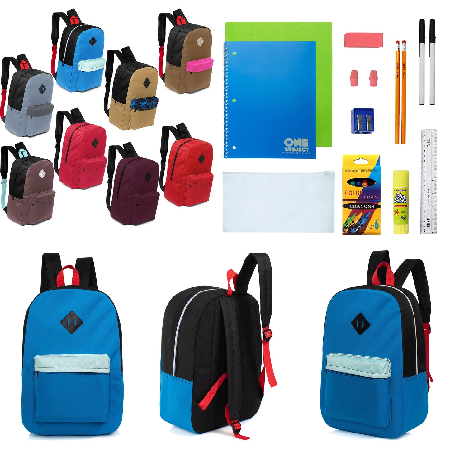 12 Wholesale 17 'Paded Rucksäcke in 8 zufälligen Drucken & 12 Bulk School Supply Kits Ihrer Wahl