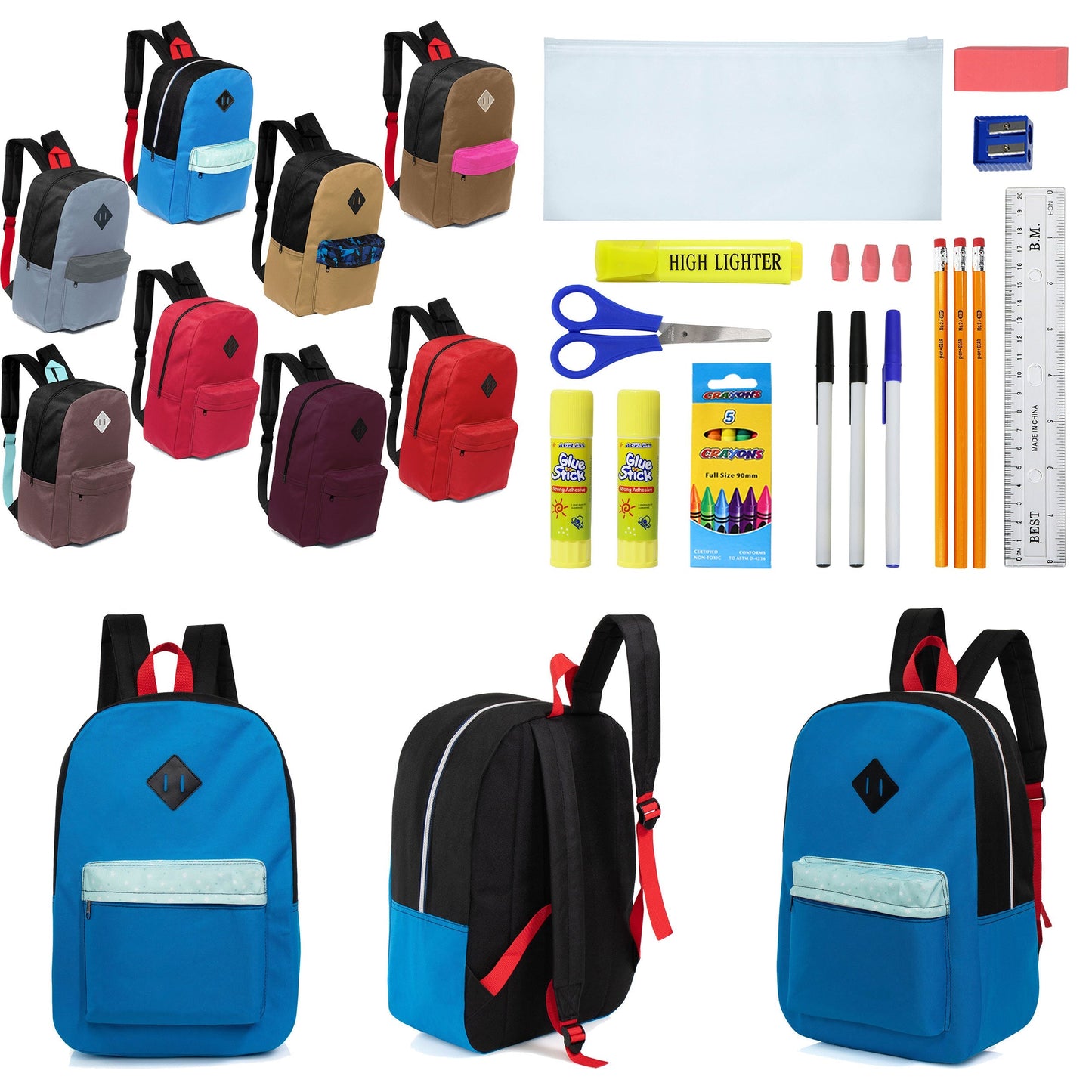 12 Wholesale 17 'Paded Rucksäcke in 8 zufälligen Drucken & 12 Bulk School Supply Kits Ihrer Wahl