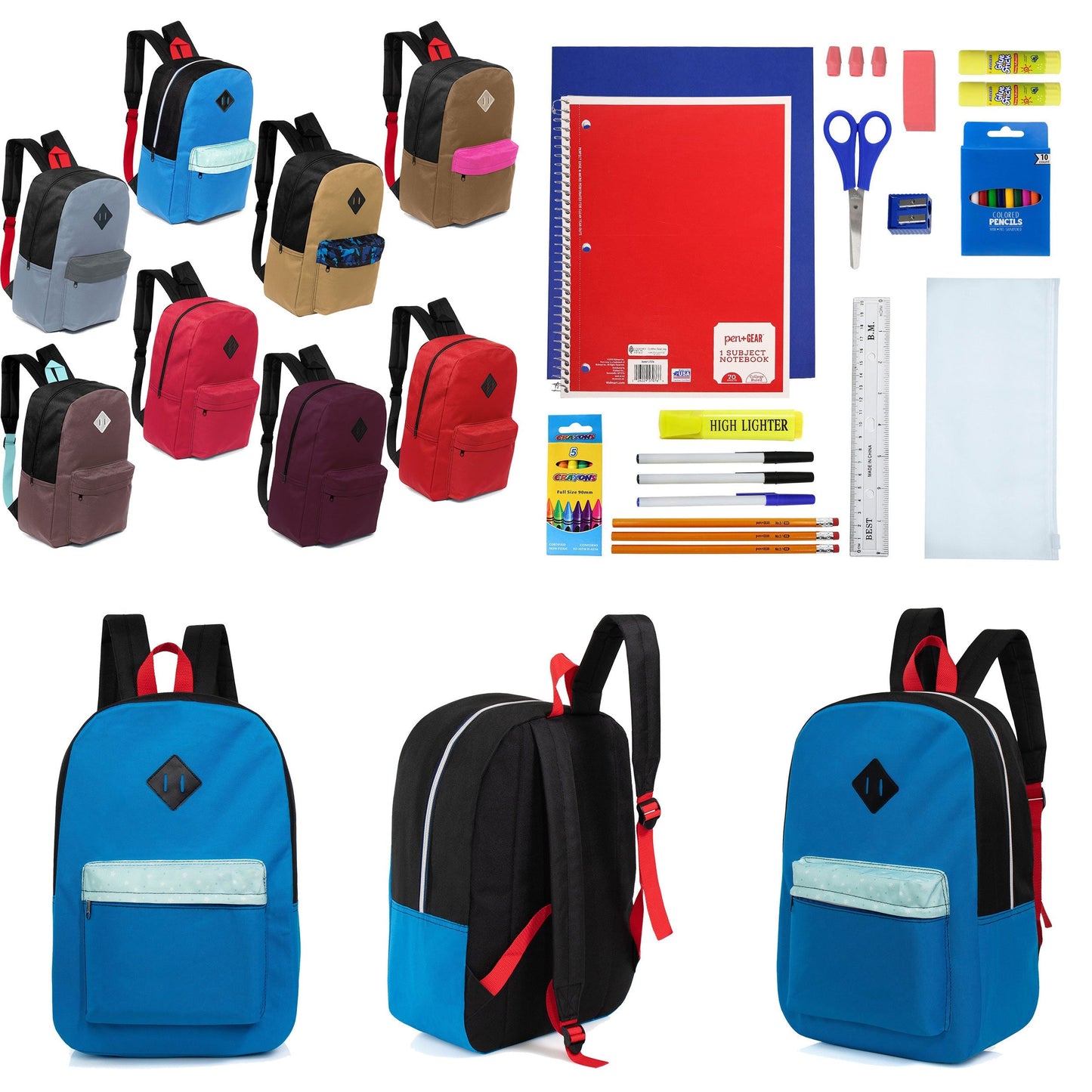 12 Wholesale 17 'Paded Rucksäcke in 8 zufälligen Drucken & 12 Bulk School Supply Kits Ihrer Wahl