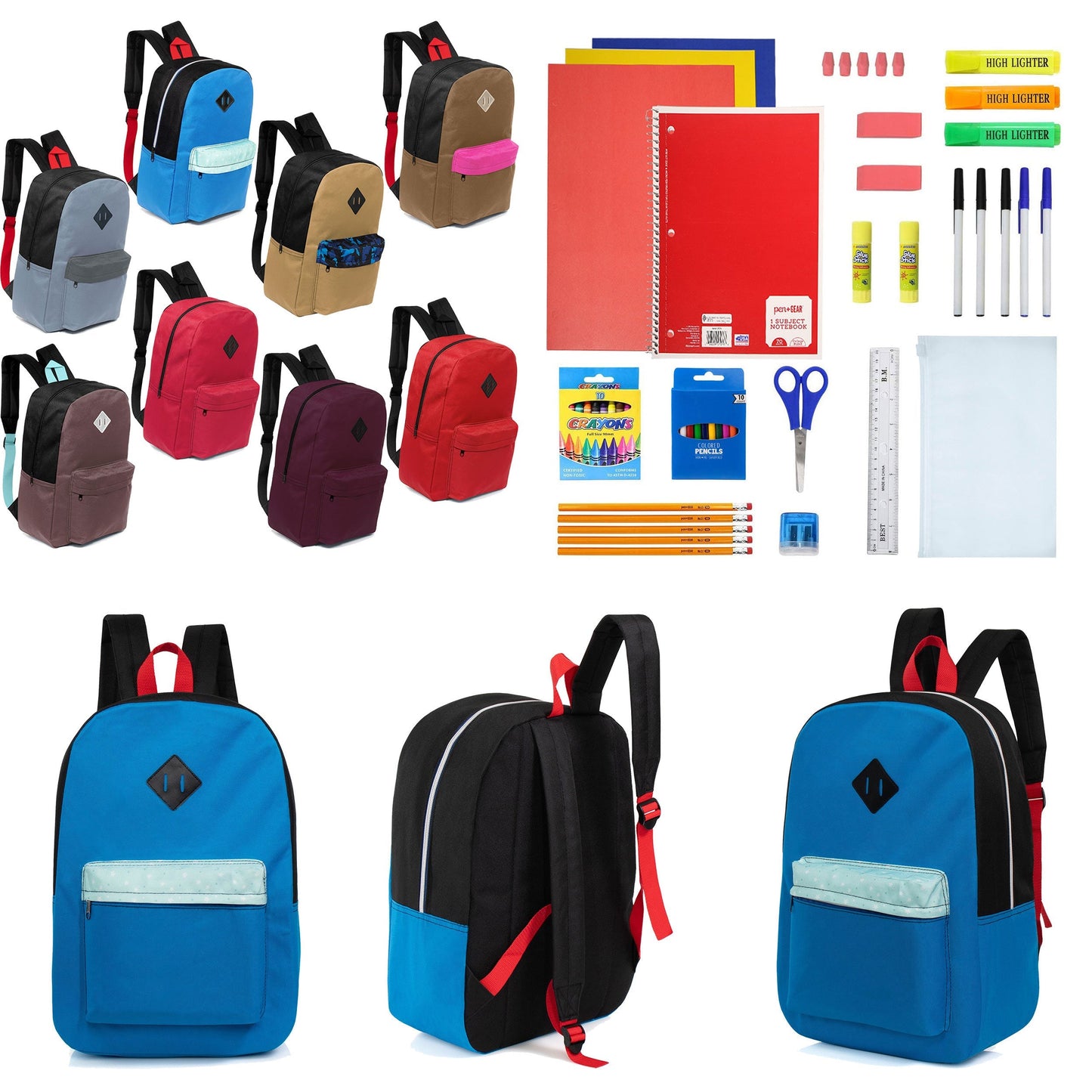 12 Wholesale 17 'Paded Rucksäcke in 8 zufälligen Drucken & 12 Bulk School Supply Kits Ihrer Wahl