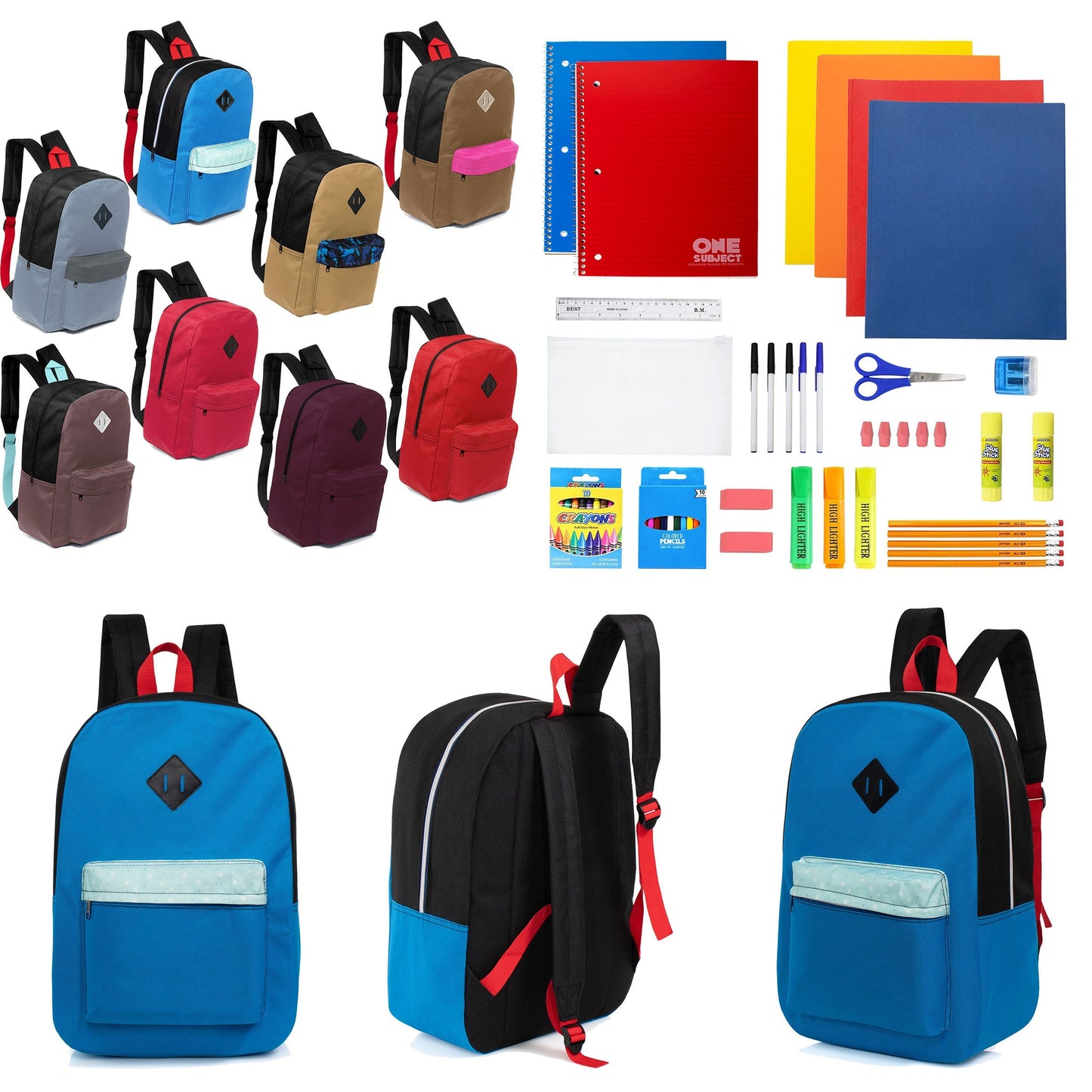 12 Wholesale 17 'Paded Rucksäcke in 8 zufälligen Drucken & 12 Bulk School Supply Kits Ihrer Wahl