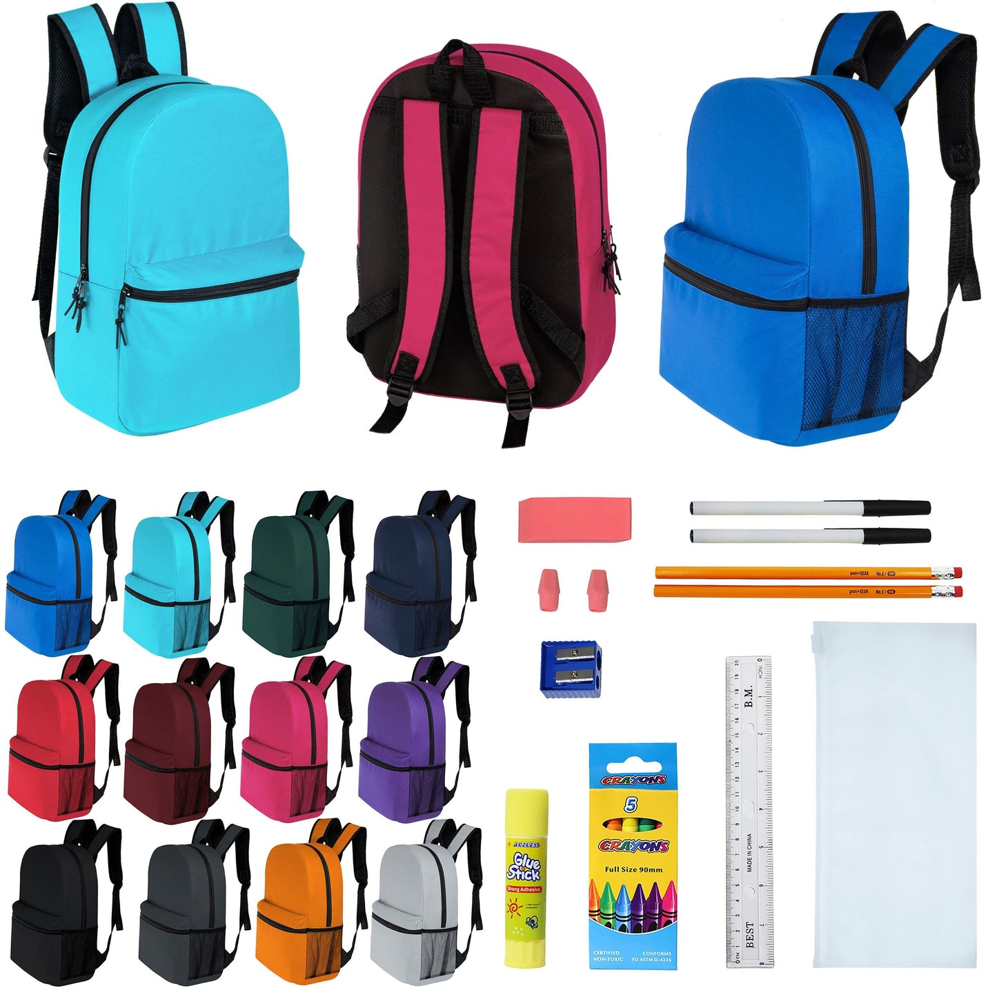 12 Wholesale 16 'Basic Rucksäcke in 12 verschiedenen Farben & 12 Bulk School Supply Kits Ihrer Wahl