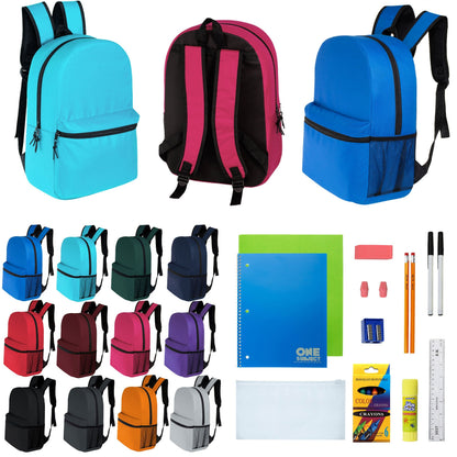 12 Wholesale 16 'Basic Rucksäcke in 12 verschiedenen Farben & 12 Bulk School Supply Kits Ihrer Wahl