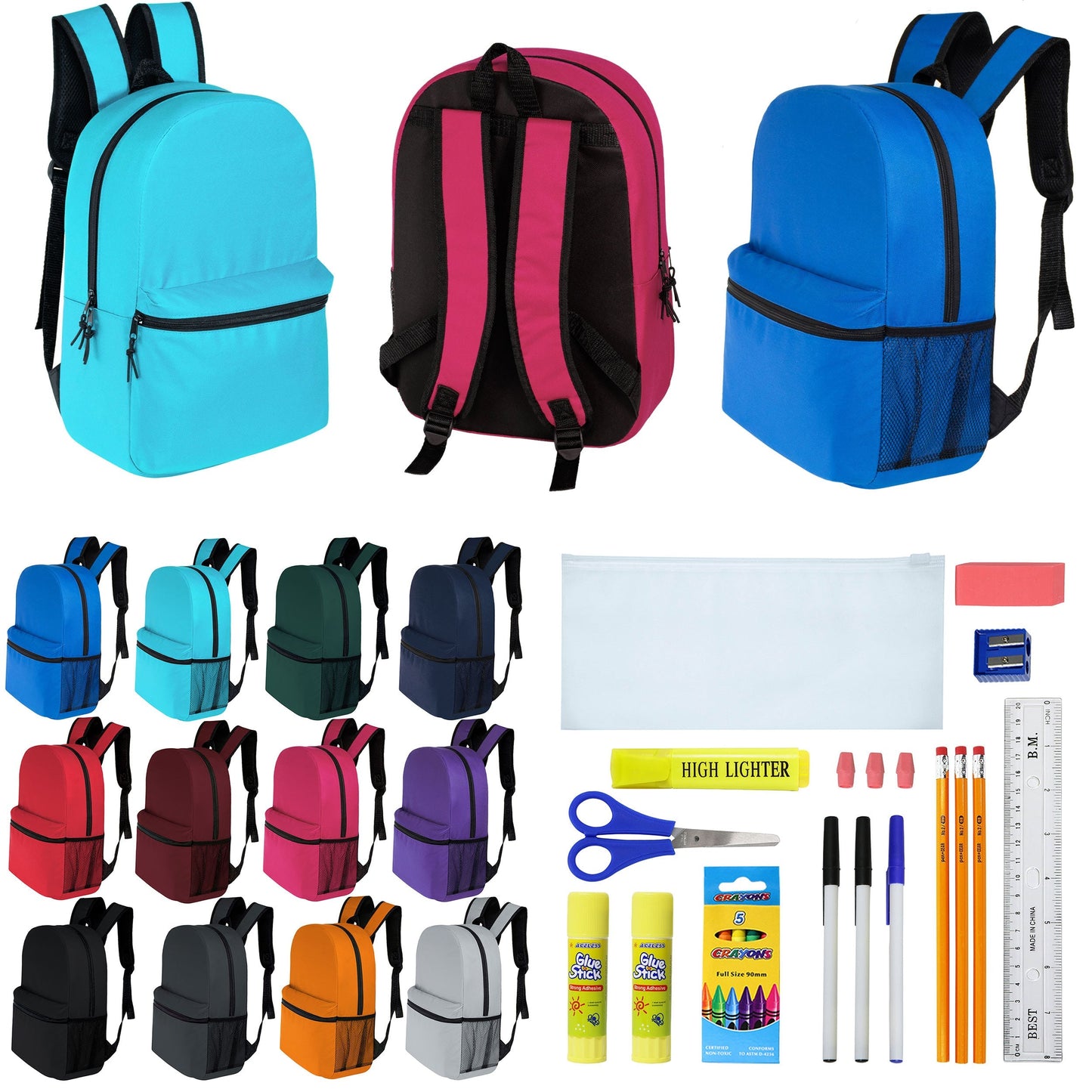 12 Wholesale 16 'Basic Rucksäcke in 12 verschiedenen Farben & 12 Bulk School Supply Kits Ihrer Wahl