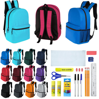 12 Wholesale 16 'Basic Rucksäcke in 12 verschiedenen Farben & 12 Bulk School Supply Kits Ihrer Wahl