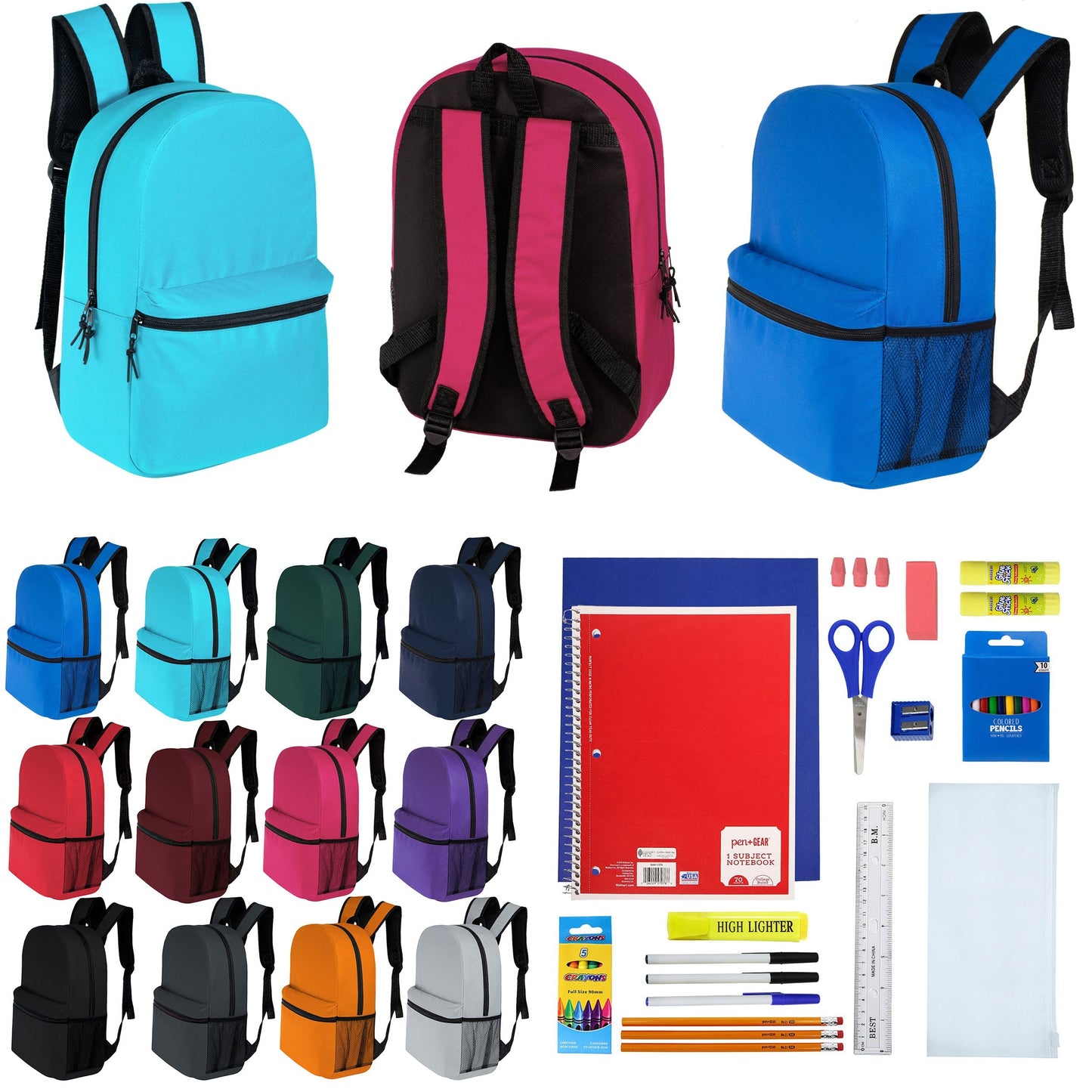 12 Wholesale 16 'Basic Rucksäcke in 12 verschiedenen Farben & 12 Bulk School Supply Kits Ihrer Wahl