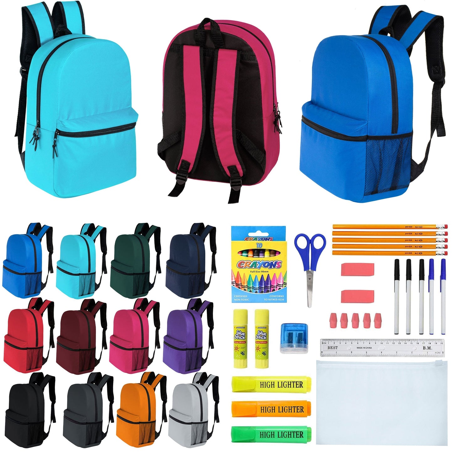 12 Wholesale 16 'Basic Rucksäcke in 12 verschiedenen Farben & 12 Bulk School Supply Kits Ihrer Wahl
