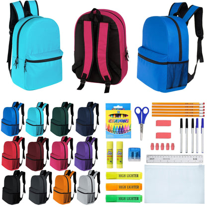 12 Wholesale 16 'Basic Rucksäcke in 12 verschiedenen Farben & 12 Bulk School Supply Kits Ihrer Wahl