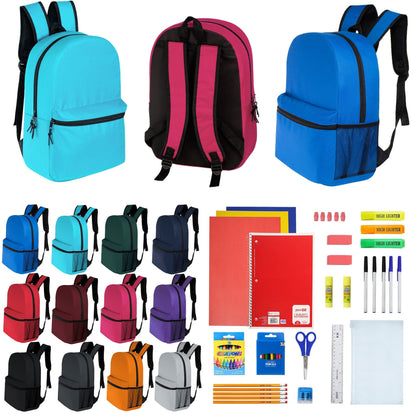 12 Wholesale 16 'Basic Rucksäcke in 12 verschiedenen Farben & 12 Bulk School Supply Kits Ihrer Wahl