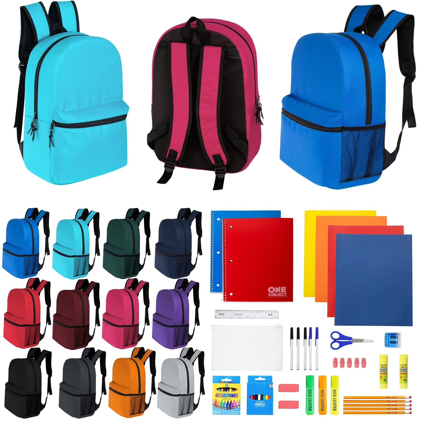 12 Wholesale 16 'Basic Rucksäcke in 12 verschiedenen Farben & 12 Bulk School Supply Kits Ihrer Wahl