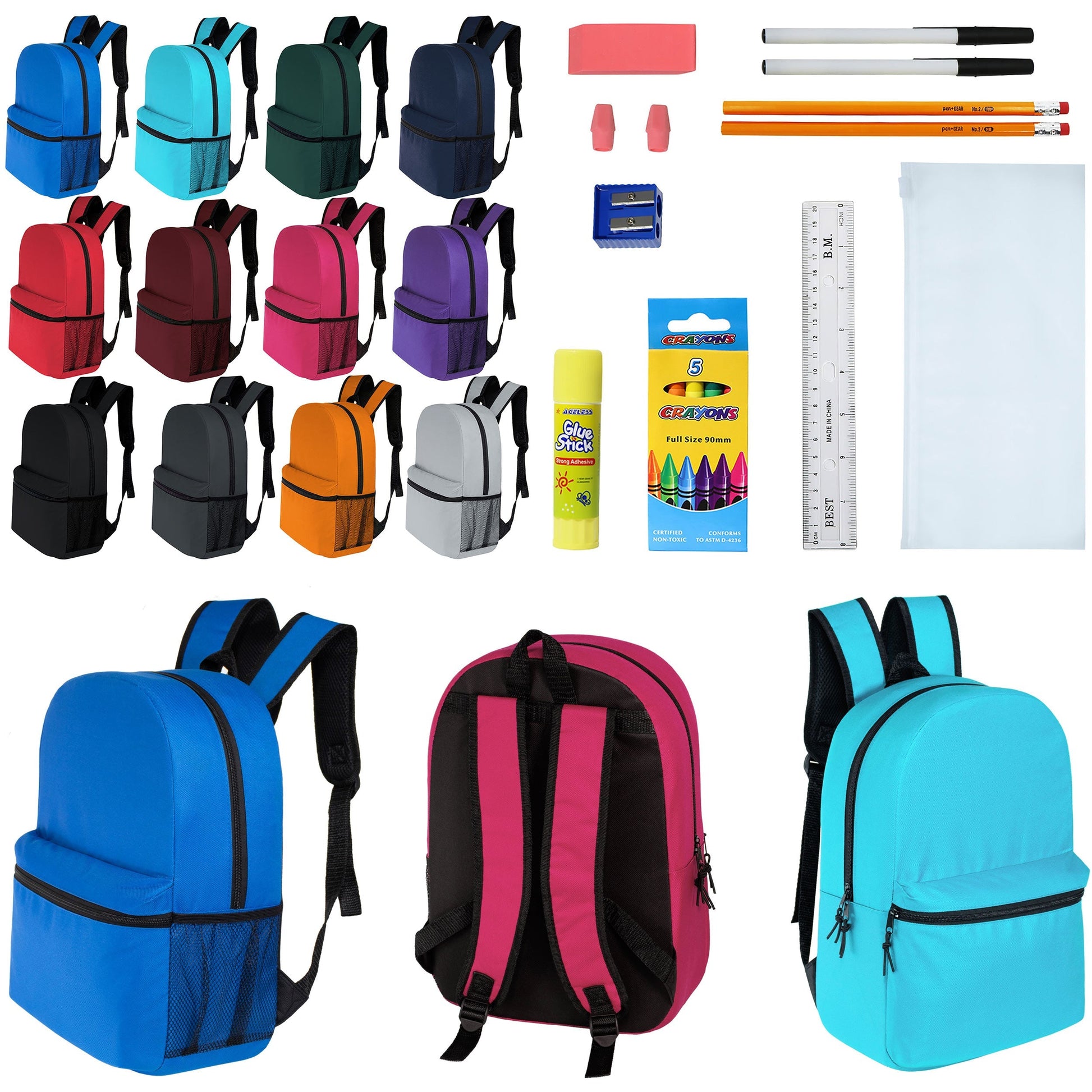 12 Großhandels-17' Klassische Rucksäcke in 12 verschiedenen Farben & 12 Bulk School Supply Kits Ihrer Wahl