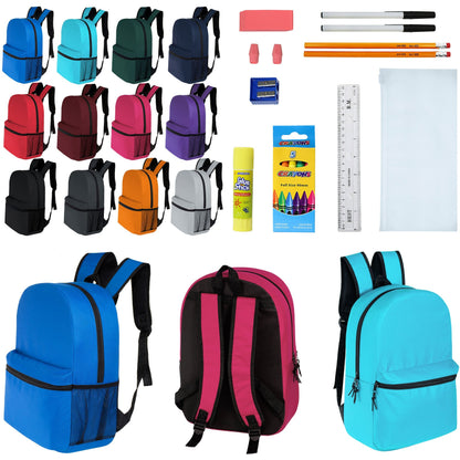 12 Großhandels-17' Klassische Rucksäcke in 12 verschiedenen Farben & 12 Bulk School Supply Kits Ihrer Wahl