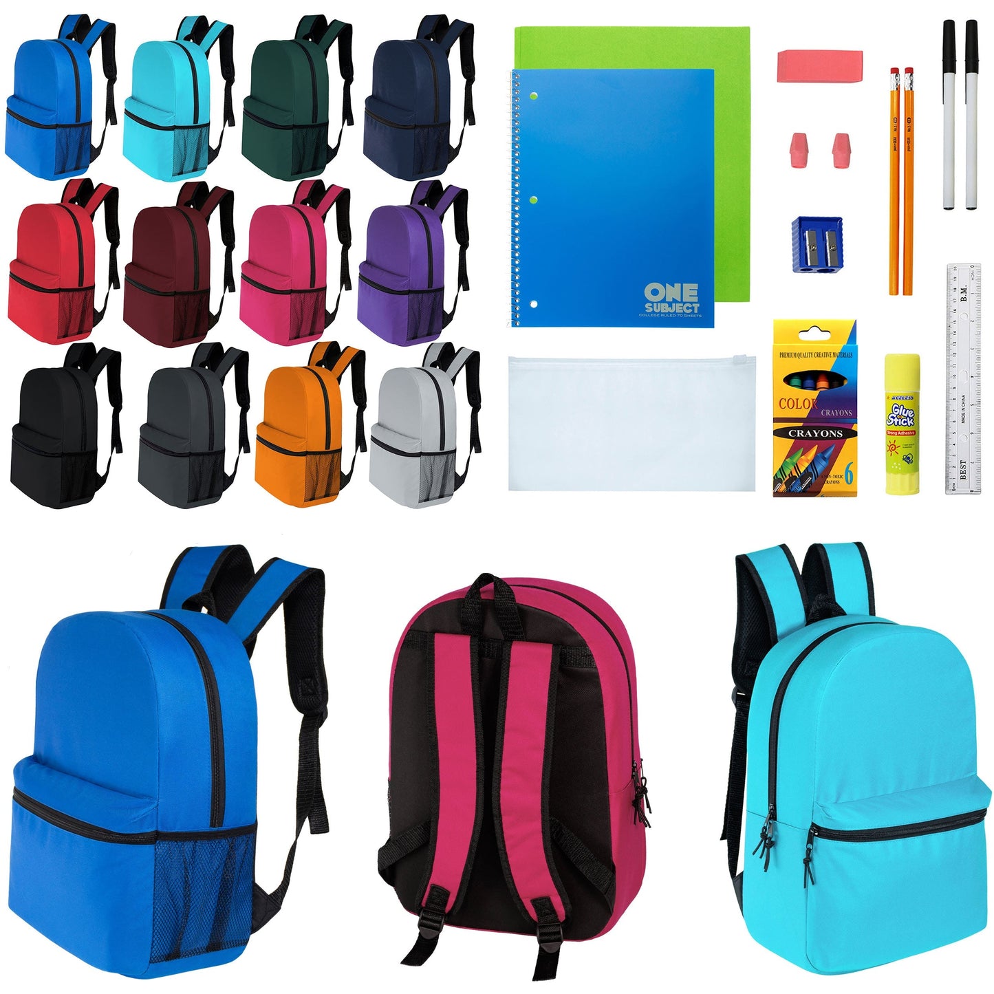 12 Großhandels-17' Klassische Rucksäcke in 12 verschiedenen Farben & 12 Bulk School Supply Kits Ihrer Wahl