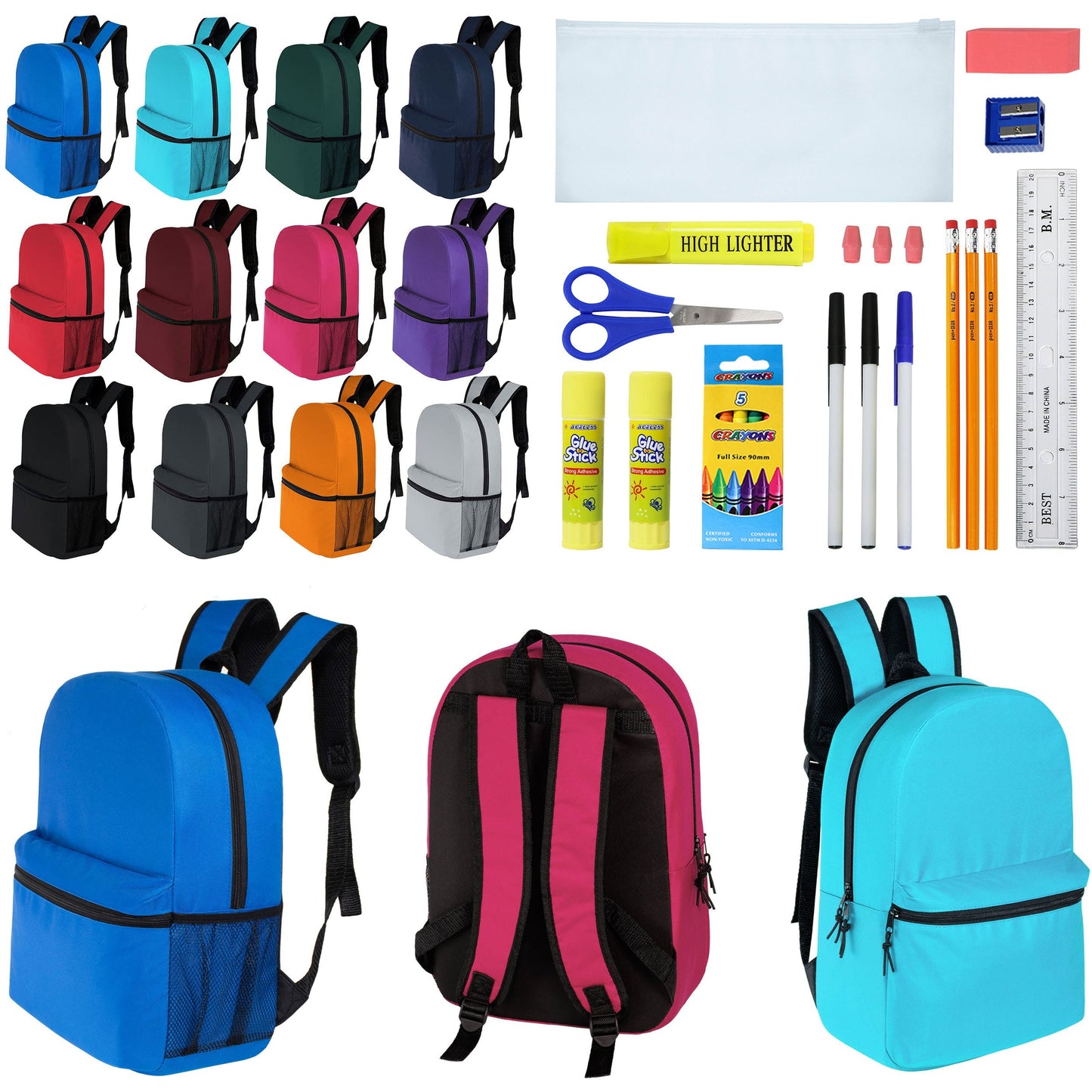12 Großhandels-17' Klassische Rucksäcke in 12 verschiedenen Farben & 12 Bulk School Supply Kits Ihrer Wahl