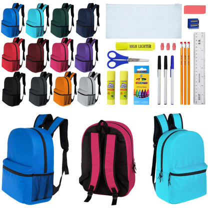 12 Großhandels-17' Klassische Rucksäcke in 12 verschiedenen Farben & 12 Bulk School Supply Kits Ihrer Wahl