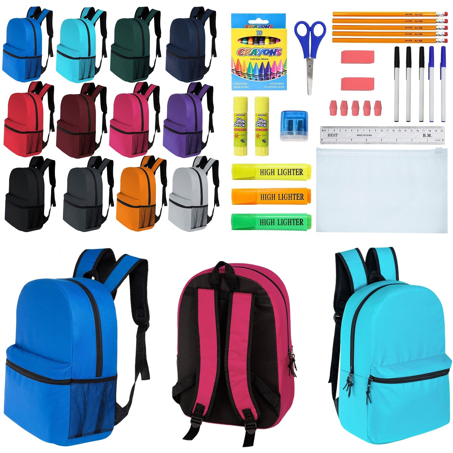 12 Großhandels-17' Klassische Rucksäcke in 12 verschiedenen Farben & 12 Bulk School Supply Kits Ihrer Wahl
