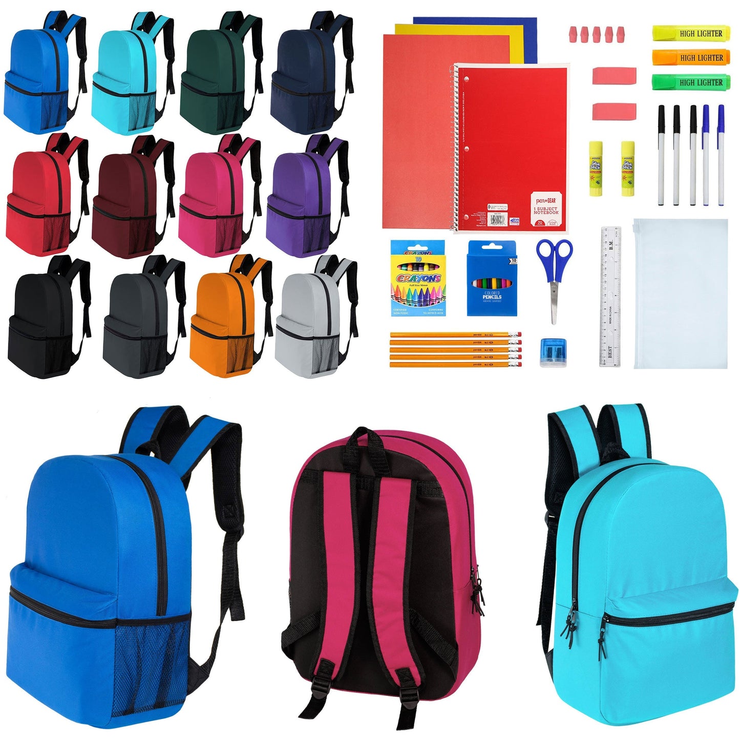 12 Großhandels-17' Klassische Rucksäcke in 12 verschiedenen Farben & 12 Bulk School Supply Kits Ihrer Wahl