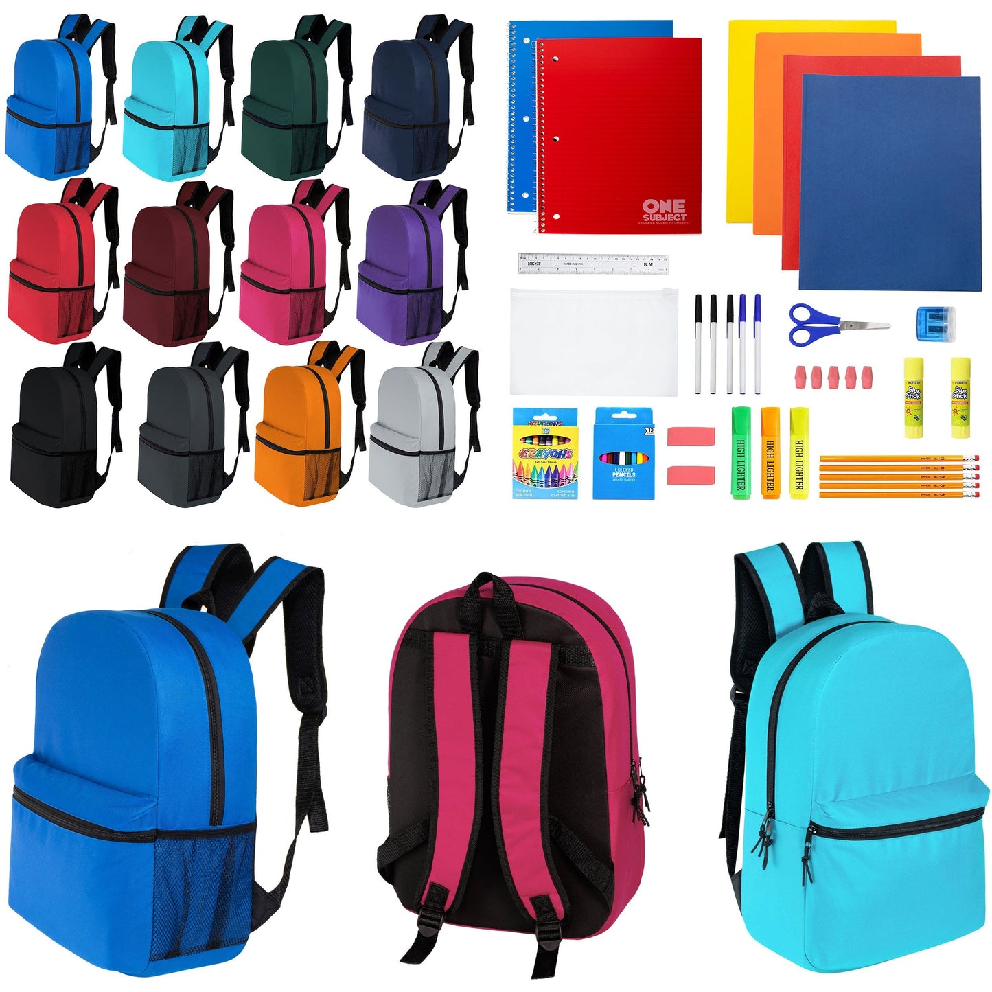12 Großhandels-17' Klassische Rucksäcke in 12 verschiedenen Farben & 12 Bulk School Supply Kits Ihrer Wahl