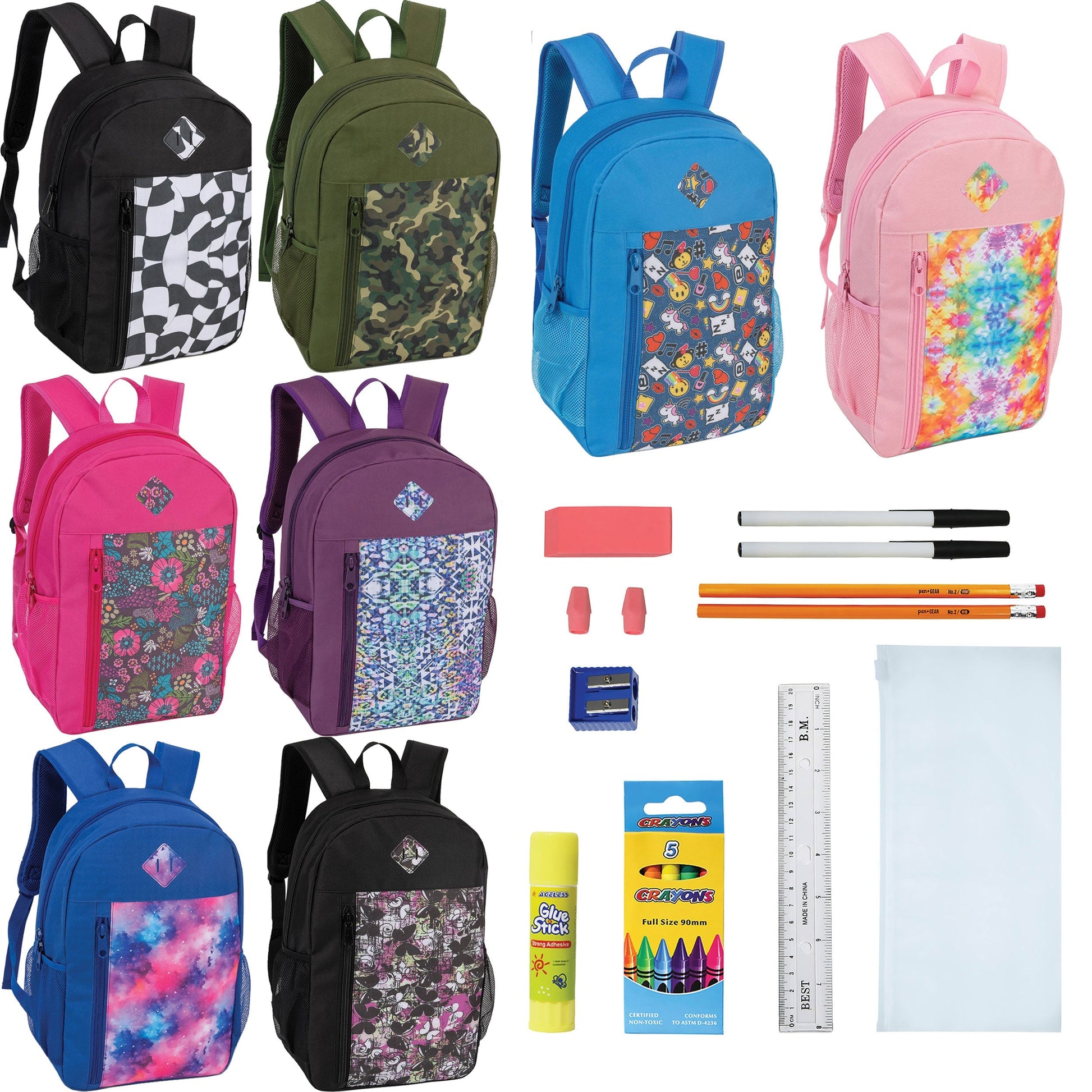 19 'Paded Back Patterned Wholesale Rucksäcke & 12 Bulk School Supply Kits Ihrer Wahl