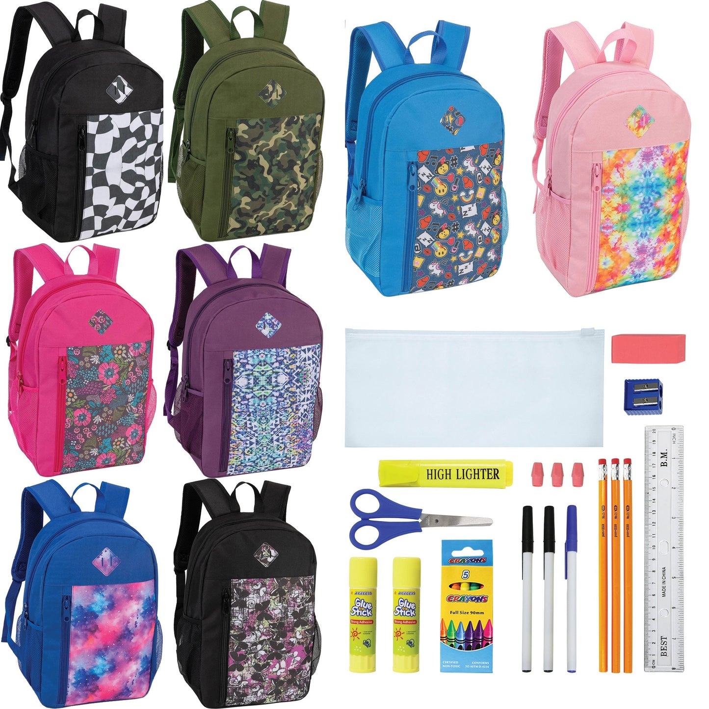 19 'Paded Back Patterned Wholesale Rucksäcke & 12 Bulk School Supply Kits Ihrer Wahl