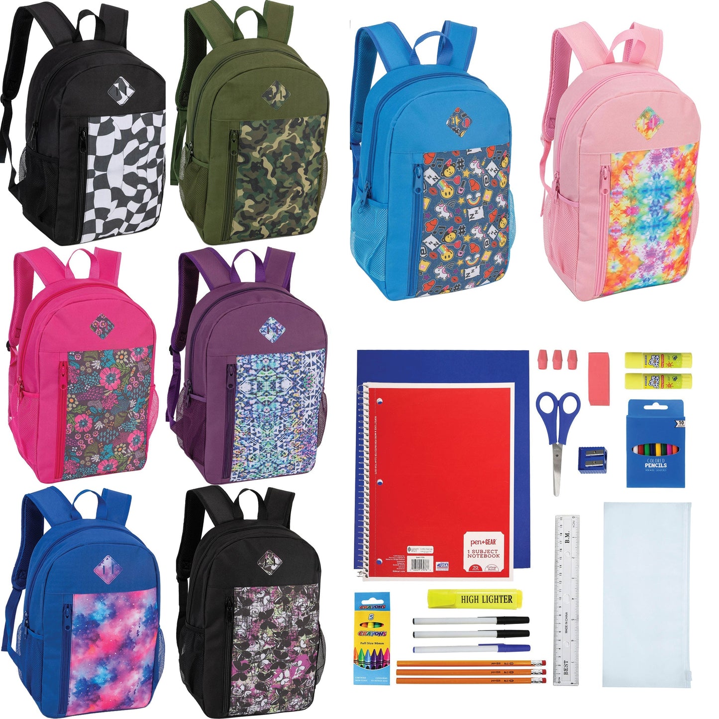 19 'Paded Back Patterned Wholesale Rucksäcke & 12 Bulk School Supply Kits Ihrer Wahl