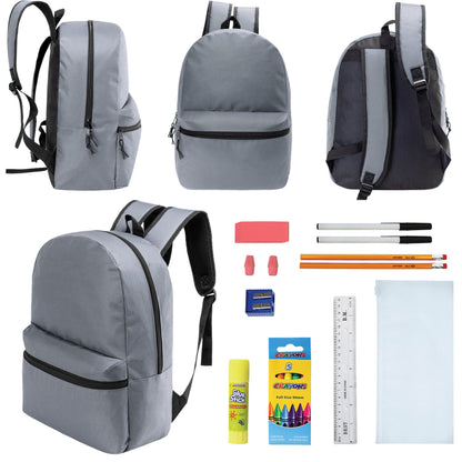 12 Wholesale 17 'Basic Rucksäcke in Cool Grau & 12 Bulk School Supply Kits Ihrer Wahl