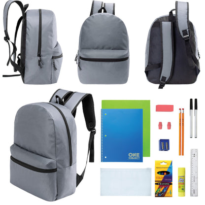 12 Wholesale 17 'Basic Rucksäcke in Cool Grau & 12 Bulk School Supply Kits Ihrer Wahl