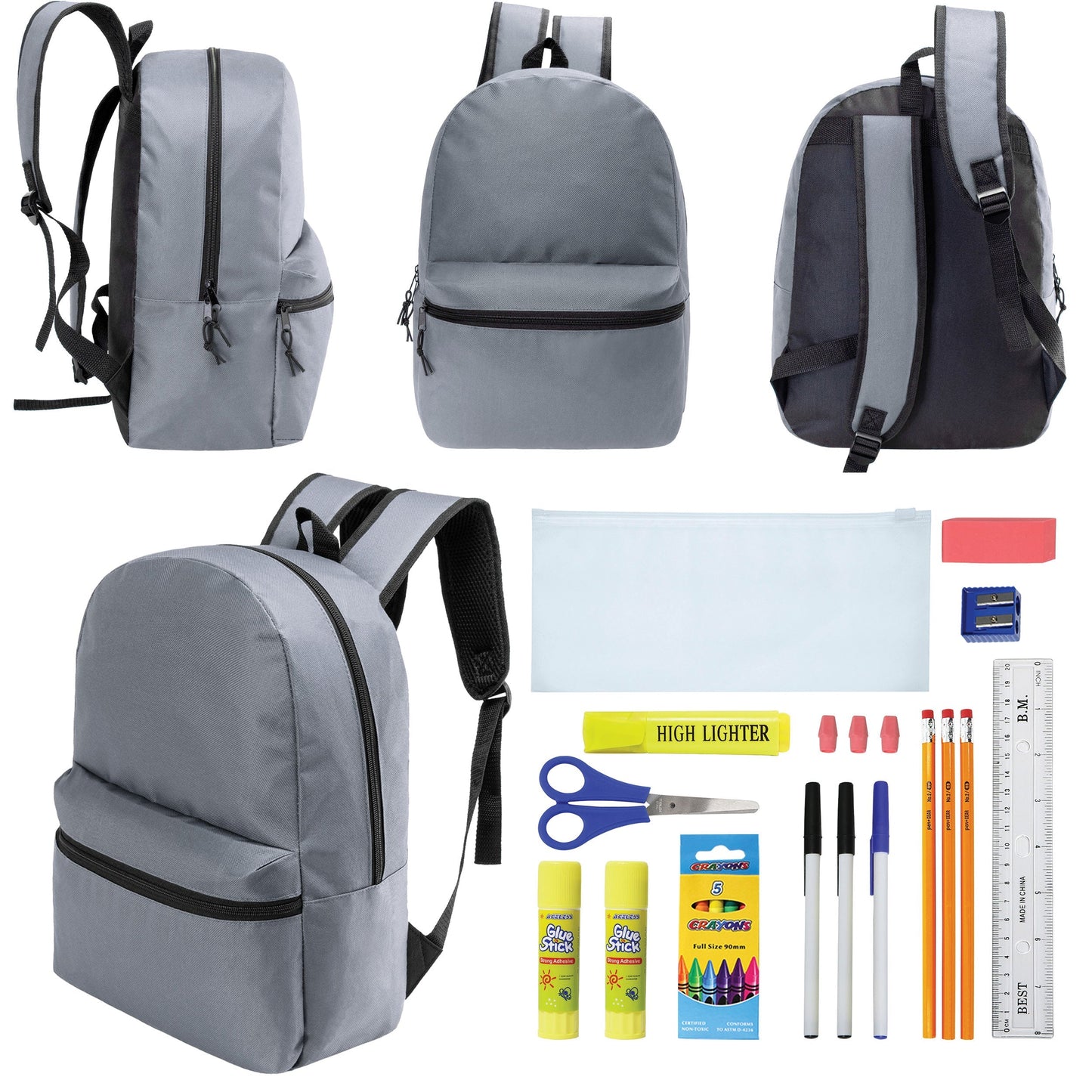 12 Wholesale 17 'Basic Rucksäcke in Cool Grau & 12 Bulk School Supply Kits Ihrer Wahl