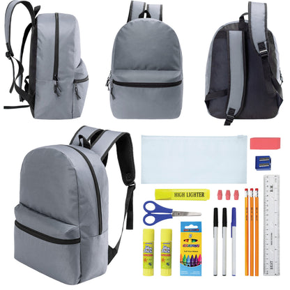 12 Wholesale 17 'Basic Rucksäcke in Cool Grau & 12 Bulk School Supply Kits Ihrer Wahl