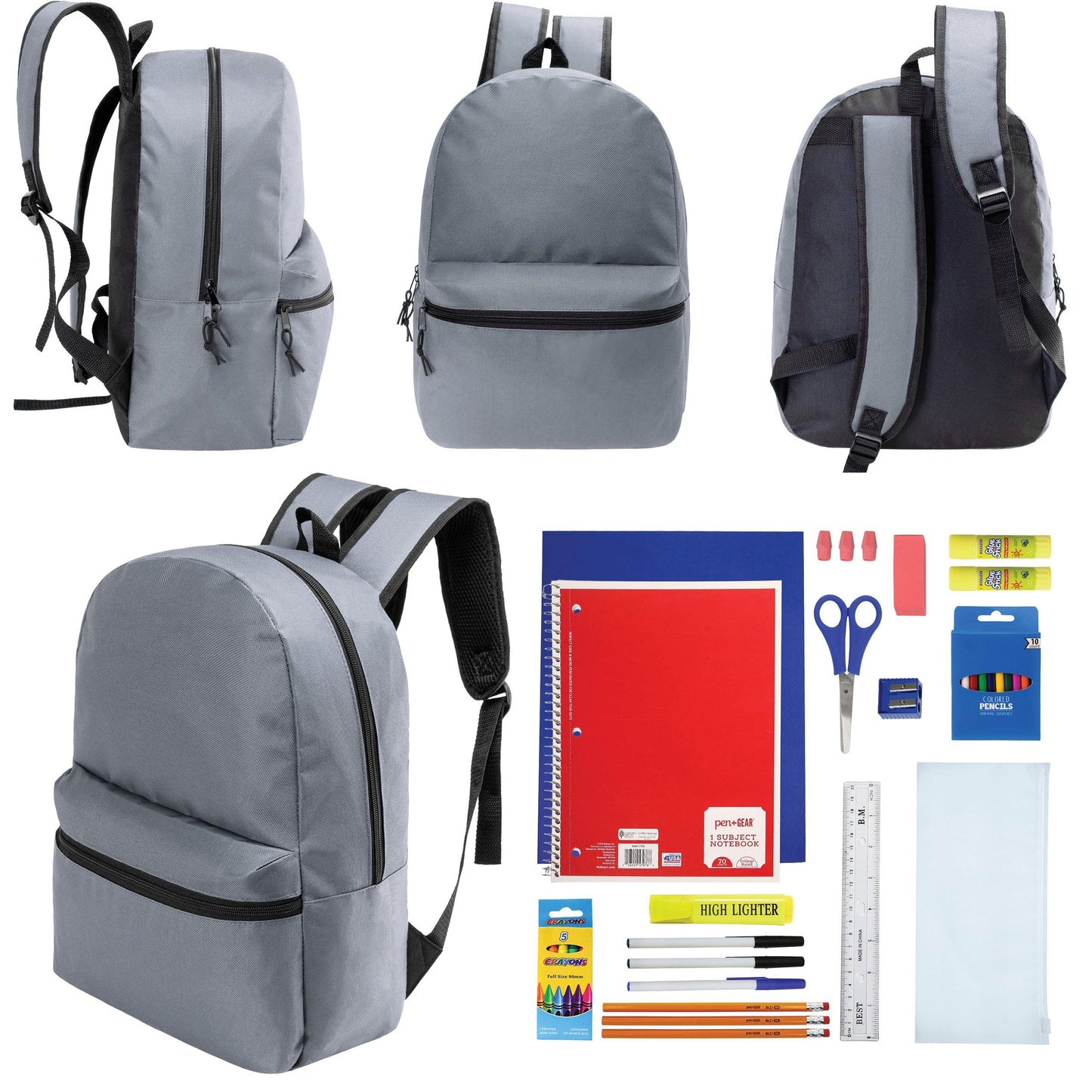 12 Wholesale 17 'Basic Rucksäcke in Cool Grau & 12 Bulk School Supply Kits Ihrer Wahl