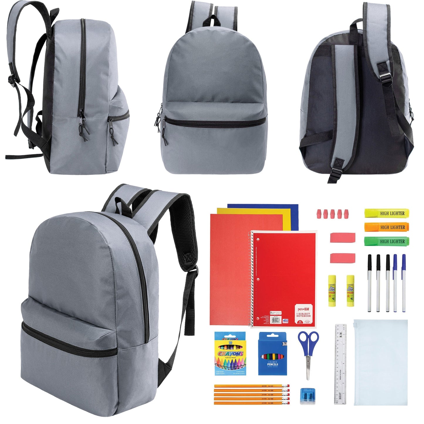 12 Wholesale 17 'Basic Rucksäcke in Cool Grau & 12 Bulk School Supply Kits Ihrer Wahl