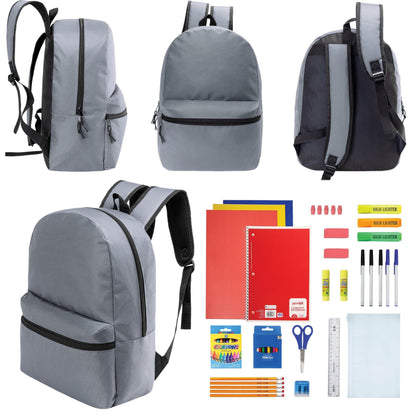 12 Wholesale 17 'Basic Rucksäcke in Cool Grau & 12 Bulk School Supply Kits Ihrer Wahl