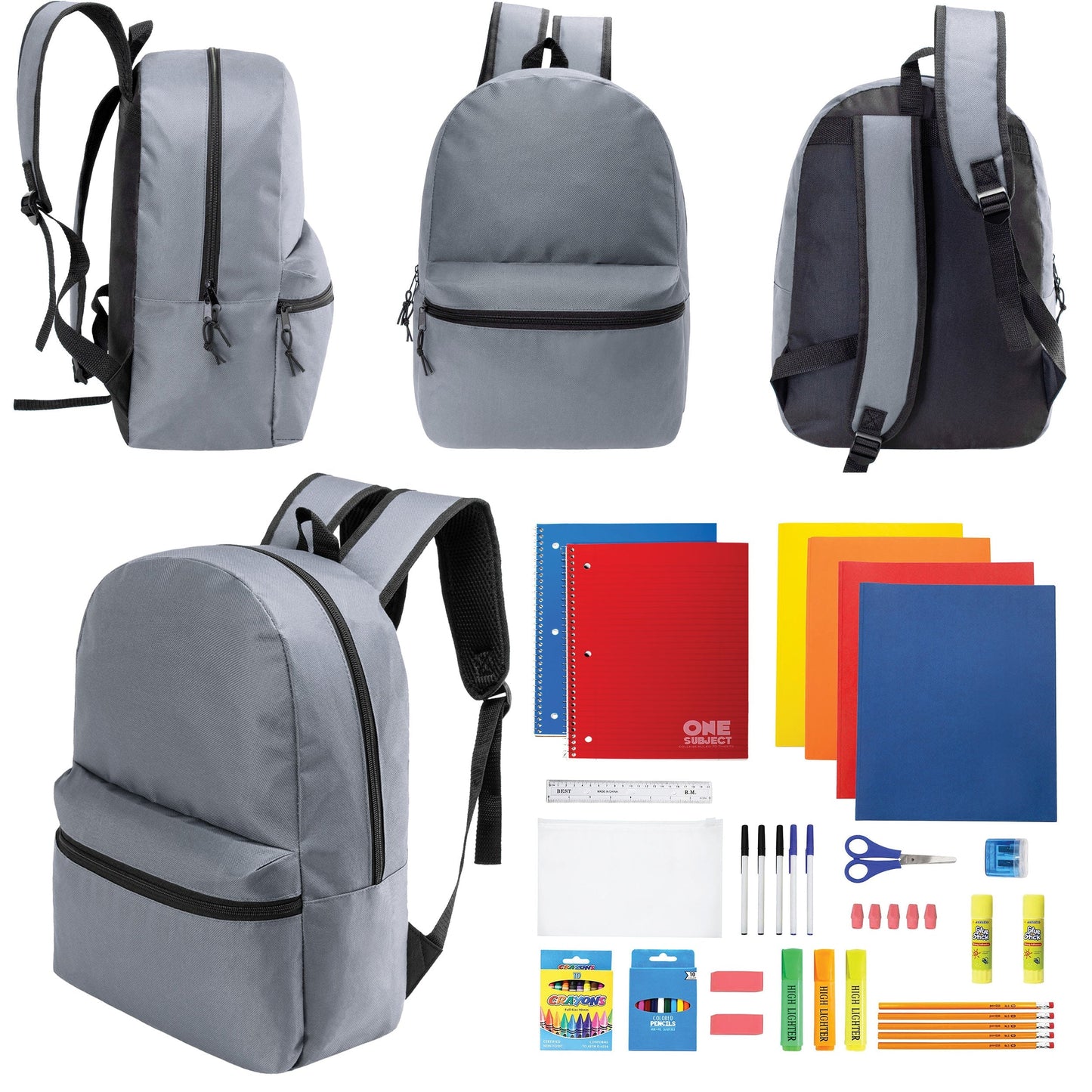 12 Wholesale 17 'Basic Rucksäcke in Cool Grau & 12 Bulk School Supply Kits Ihrer Wahl