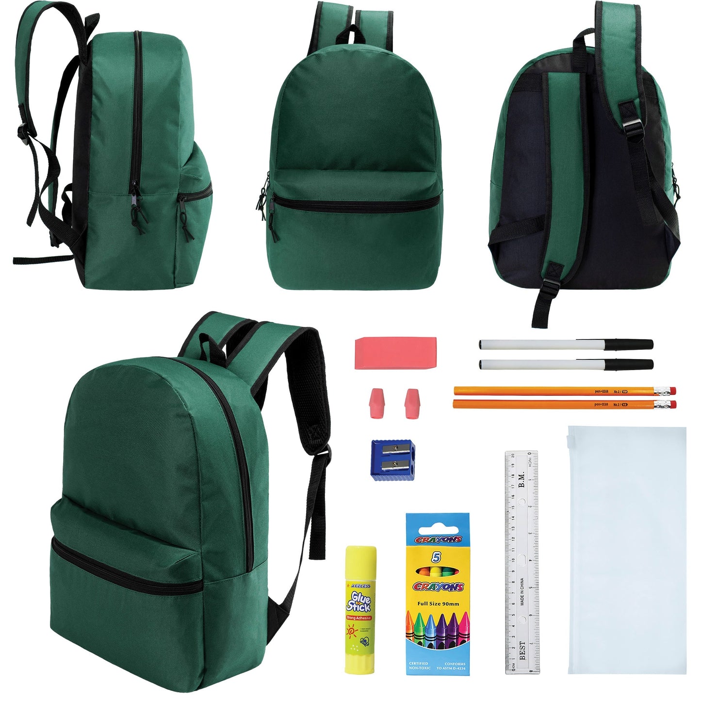 12 Wholesale 17 'Basic Rucksäcke in Dark Grün & 12 Bulk School Supply Kits Ihrer Wahl