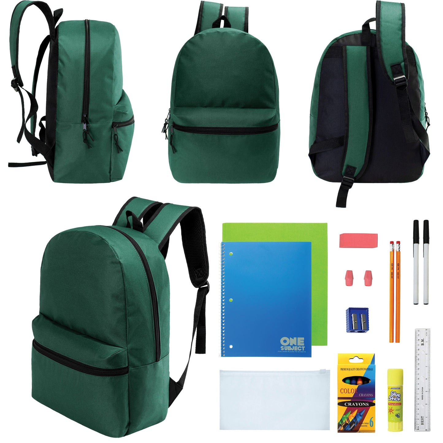 12 Wholesale 17 'Basic Rucksäcke in Dark Grün & 12 Bulk School Supply Kits Ihrer Wahl