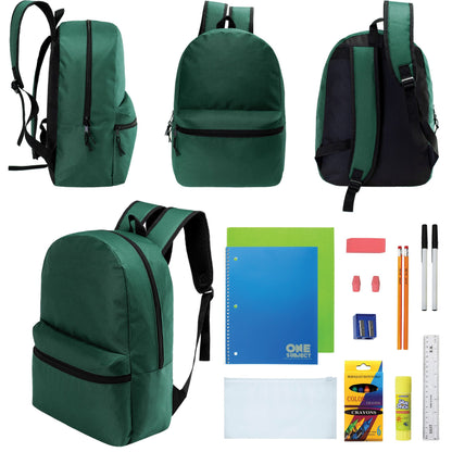 12 Wholesale 17 'Basic Rucksäcke in Dark Grün & 12 Bulk School Supply Kits Ihrer Wahl