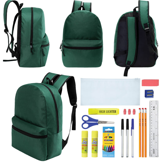 12 Wholesale 17 'Basic Rucksäcke in Dark Grün & 12 Bulk School Supply Kits Ihrer Wahl