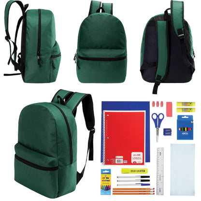 12 Wholesale 17 'Basic Rucksäcke in Dark Grün & 12 Bulk School Supply Kits Ihrer Wahl
