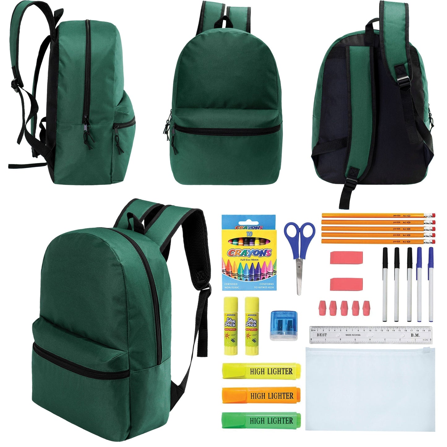 12 Wholesale 17 'Basic Rucksäcke in Dark Grün & 12 Bulk School Supply Kits Ihrer Wahl