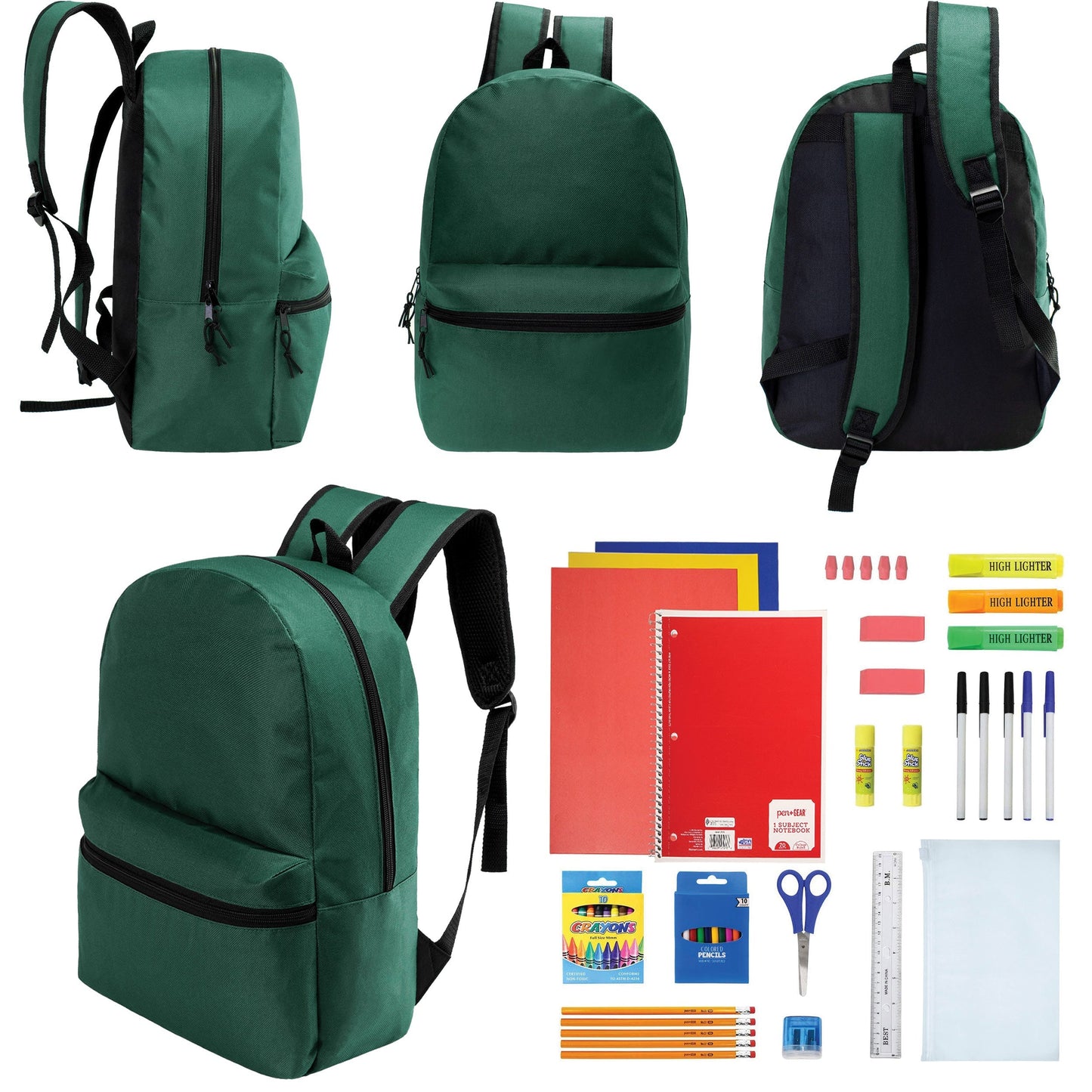 12 Wholesale 17 'Basic Rucksäcke in Dark Grün & 12 Bulk School Supply Kits Ihrer Wahl